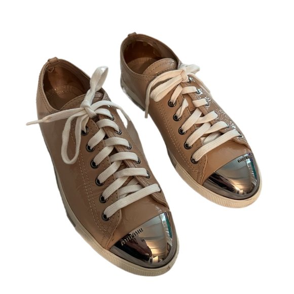 Miu Miu Tan Patent Leather Metal Cap Toe Sneakers Size 36 (US Size 6) - Picture 13 of 15